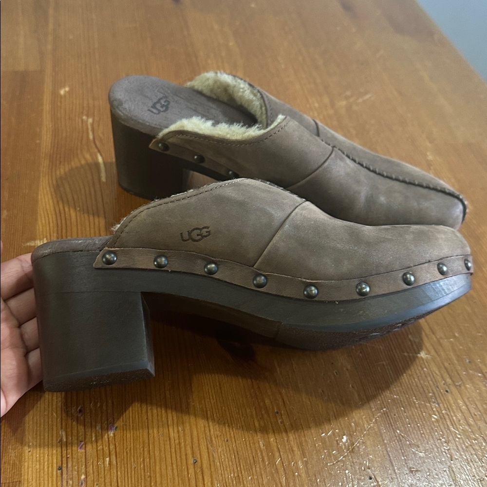 UGG Taupe Suede Shearling-Lined Clog Mules - Picture 15 of 15
